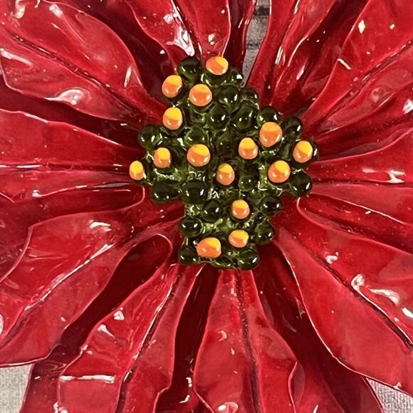 Vintage 60's Enamel Flower Poinsettia Brooch Pin Red Green Jewelry MCM Mod 5" - Picture 7 of 16
